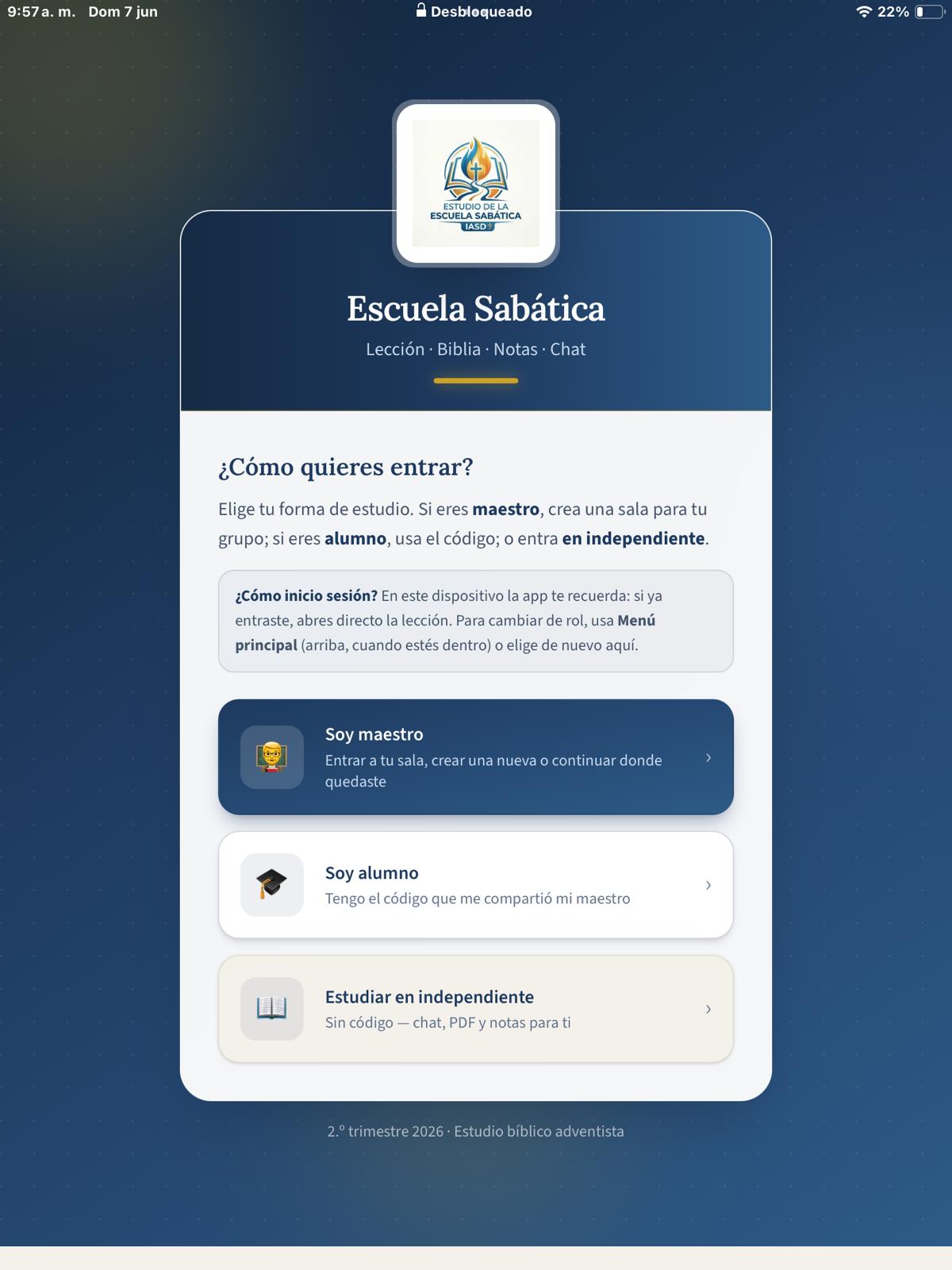 Pantalla de bienvenida de Escuela Sabática